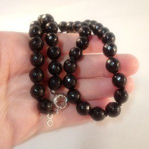 Black Onyx Agate Gemstone Bead Necklace AAA+ 18" 10mm Silver Clasp Women's